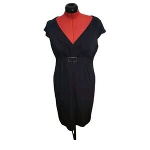 White House Black Market fitted midi dress, cap sleeves v neck, buckle, size 14